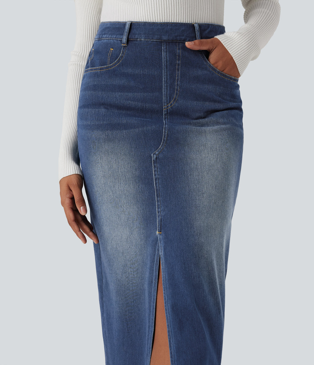 High Waisted Washed Denim Straight Maxi Casual Skirt with Pockets — Pageant Blue Denim — view 5
