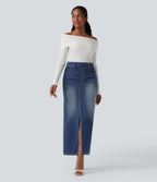 High Waisted Washed Denim Straight Maxi Casual Skirt with Pockets — Pageant Blue Denim — view 6