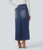 High Waisted Washed Denim Straight Maxi Casual Skirt with Pockets — Pageant Blue Denim — view 2