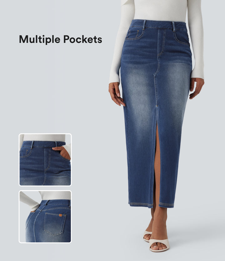 High Waisted Washed Denim Straight Maxi Casual Skirt with Pockets — Pageant Blue Denim — view 1