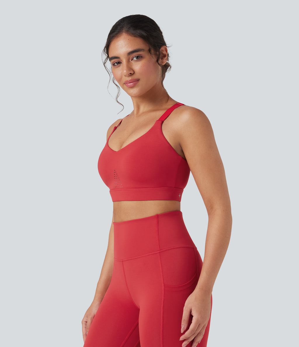 SpeedWave Medium Support Molded Cups Perforated Adjustable Hook Quick Dry Training Sports Bra — Poinsettia — view 4