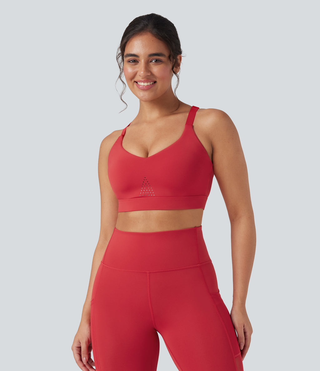 SpeedWave Medium Support Molded Cups Perforated Adjustable Hook Quick Dry Training Sports Bra — Poinsettia — view 2