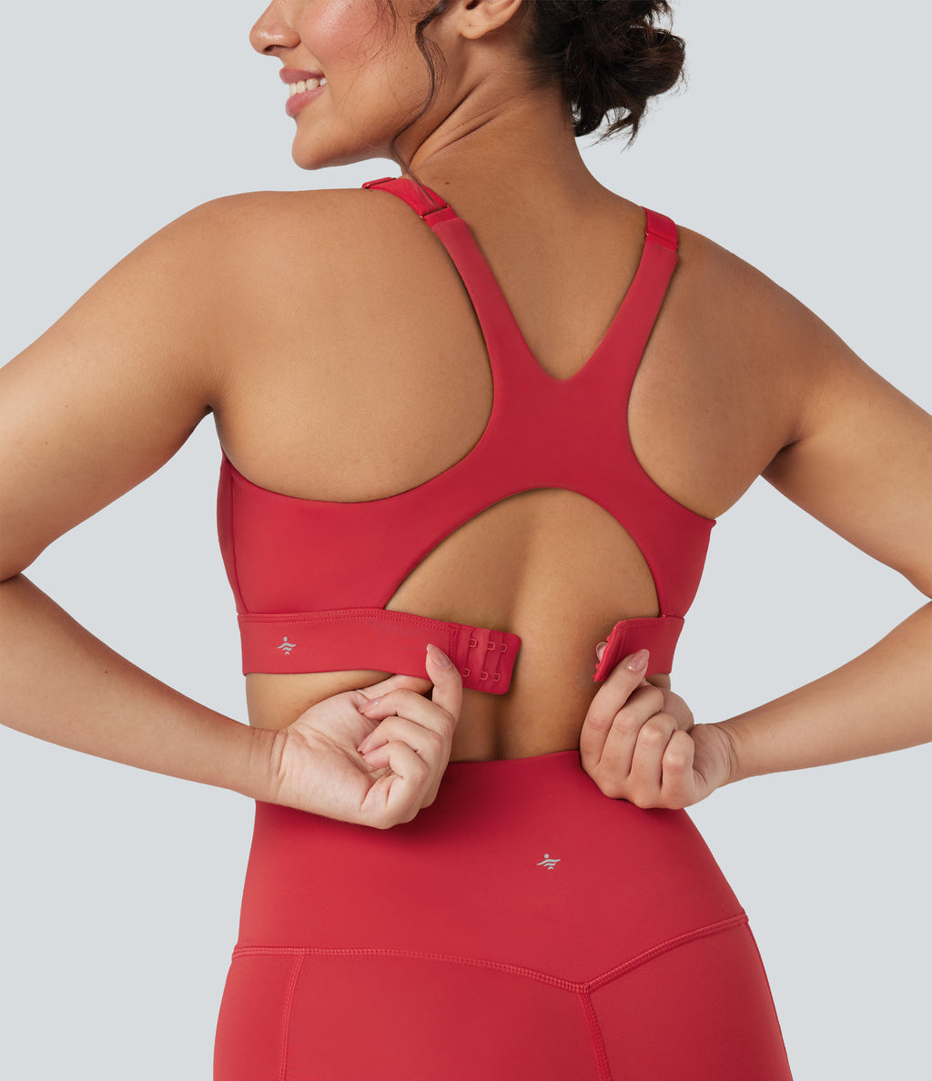 SpeedWave Medium Support Molded Cups Perforated Adjustable Hook Quick Dry Training Sports Bra — Poinsettia — view 1
