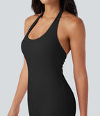 Airy Halter Tie Back Cut-out Scrunch Yoga Skinny Jumpsuit — Black — view 5