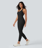 Airy Halter Tie Back Cut-out Scrunch Yoga Skinny Jumpsuit — Black — view 3