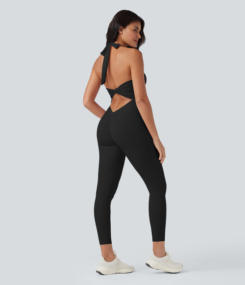 Airy Halter Tie Back Cut-out Scrunch Yoga Skinny Jumpsuit — Black — view 1
