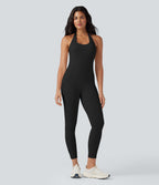Airy Halter Tie Back Cut-out Scrunch Yoga Skinny Jumpsuit — Black — view 2