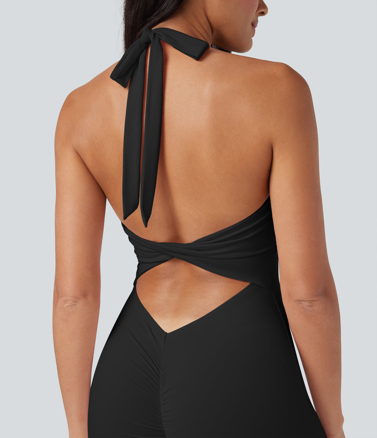 Airy Halter Tie Back Cut-out Scrunch Yoga Skinny Jumpsuit — Black — view 4