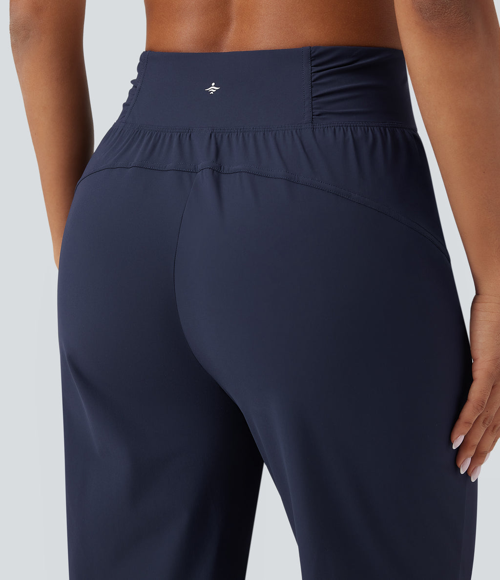 High Waisted Drawstring Ruched Tapered Quick Dry Cool Touch Dance Joggers with Pockets-UPF40+ — Peacoat — view 4