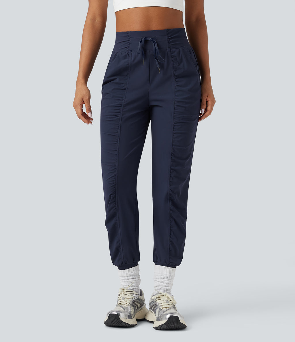 High Waisted Drawstring Ruched Tapered Quick Dry Cool Touch Dance Joggers with Pockets-UPF40+ — Peacoat — view 6