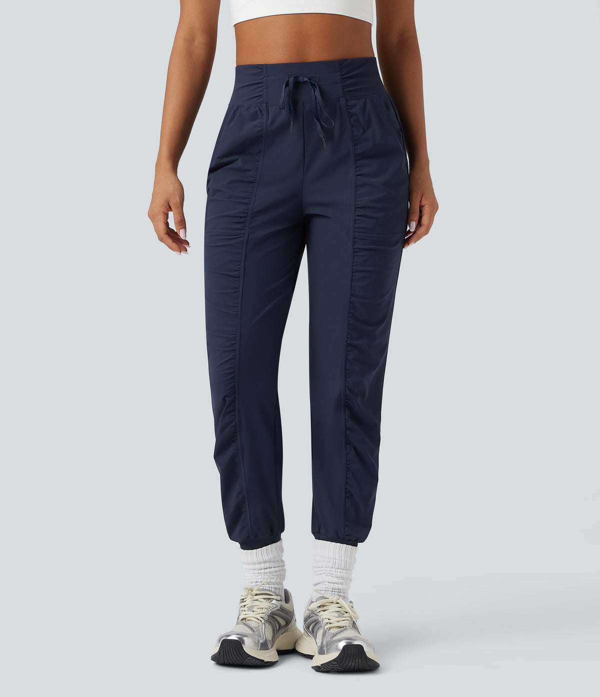High Waisted Drawstring Ruched Tapered Quick Dry Cool Touch Dance Joggers with Pockets-UPF40+ — Peacoat — view 6