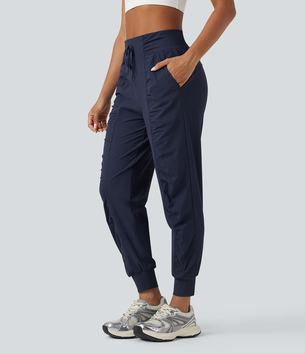 High Waisted Drawstring Ruched Tapered Quick Dry Cool Touch Dance Joggers with Pockets-UPF40+ — Peacoat — view 3