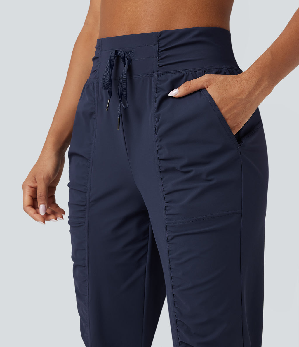 High Waisted Drawstring Ruched Tapered Quick Dry Cool Touch Dance Joggers with Pockets-UPF40+ — Peacoat — view 5