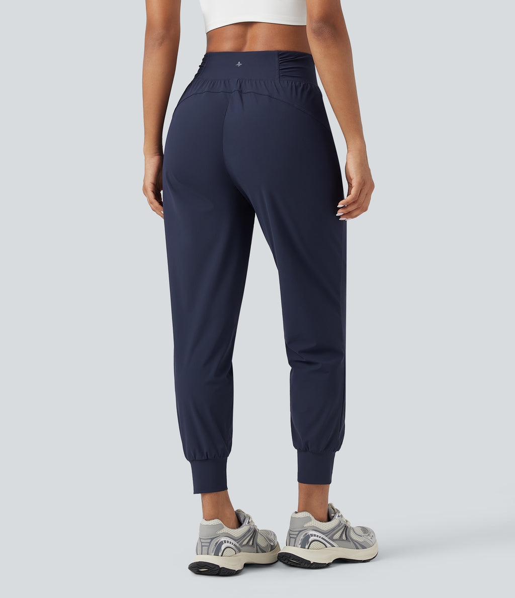 High Waisted Drawstring Ruched Tapered Quick Dry Cool Touch Dance Joggers with Pockets-UPF40+ — Peacoat — view 2