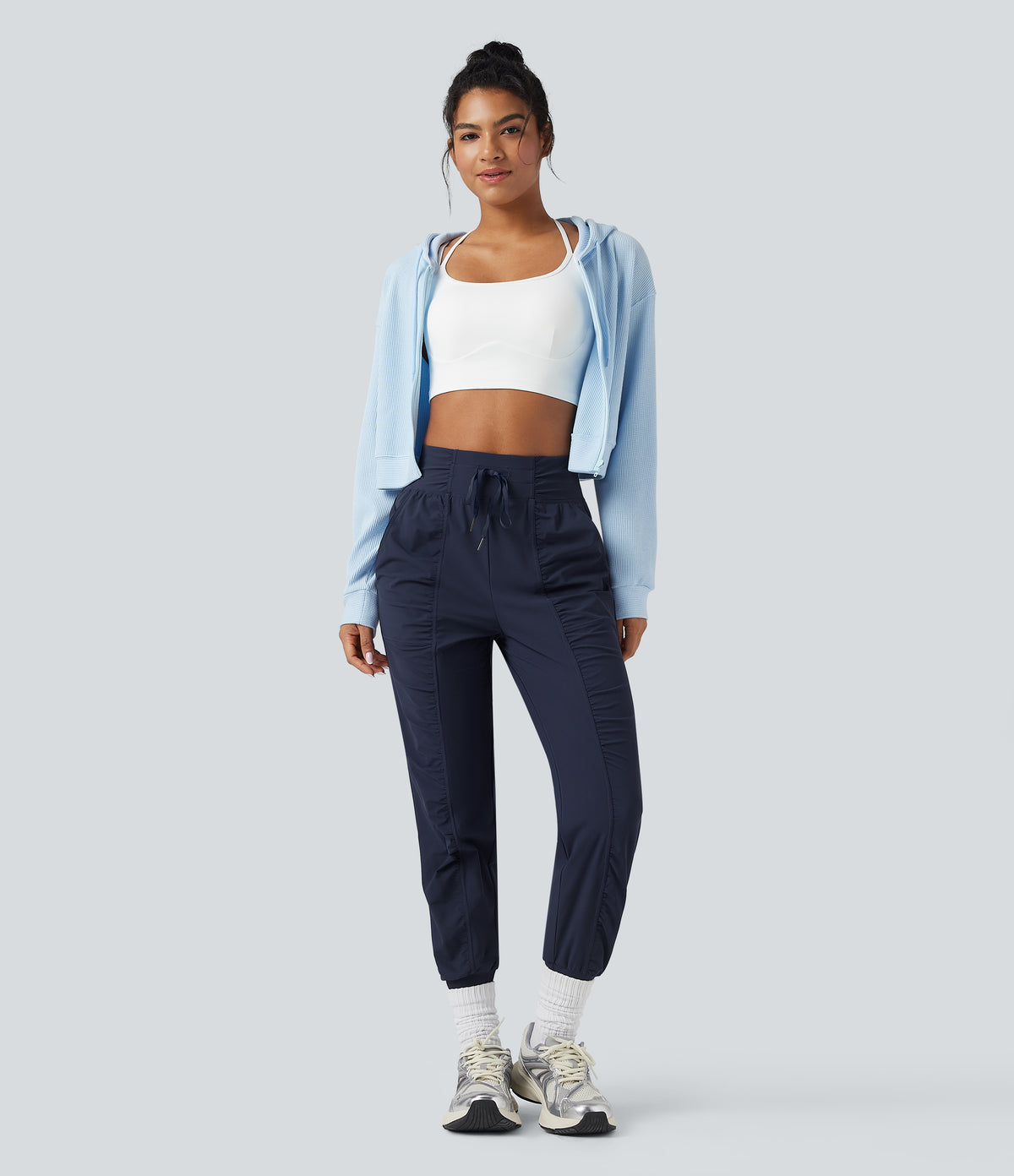 High Waisted Drawstring Ruched Tapered Quick Dry Cool Touch Dance Joggers with Pockets-UPF40+ — Peacoat — view 7