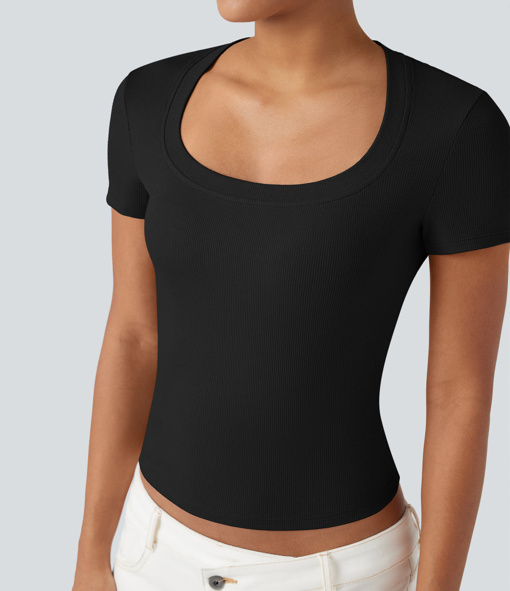 Ribbed Knit Short Sleeve Casual T-Shirt — Black — view 6