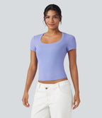 Ribbed Knit Short Sleeve Casual T-Shirt — Baby Lavender — view 4