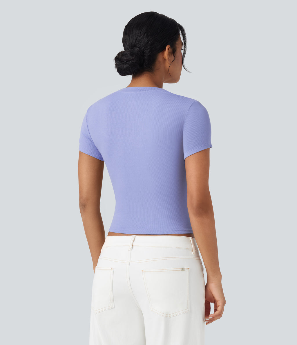 Ribbed Knit Short Sleeve Casual T-Shirt — Baby Lavender — view 2