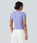 Ribbed Knit Short Sleeve Casual T-Shirt — Baby Lavender — view 2