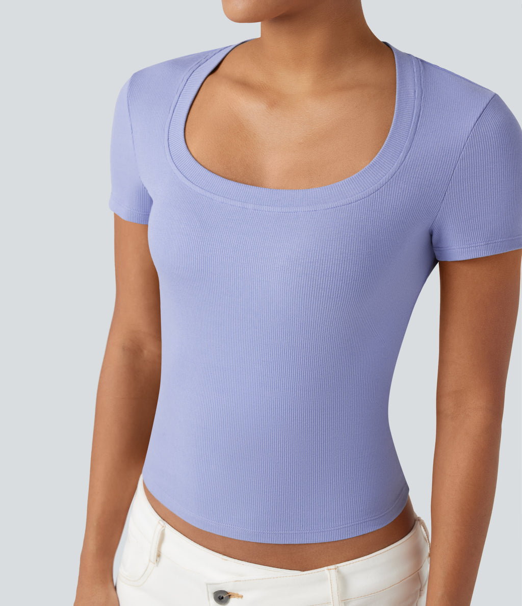 Ribbed Knit Short Sleeve Casual T-Shirt — Baby Lavender — view 1