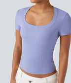 Ribbed Knit Short Sleeve Casual T-Shirt — Baby Lavender — view 1