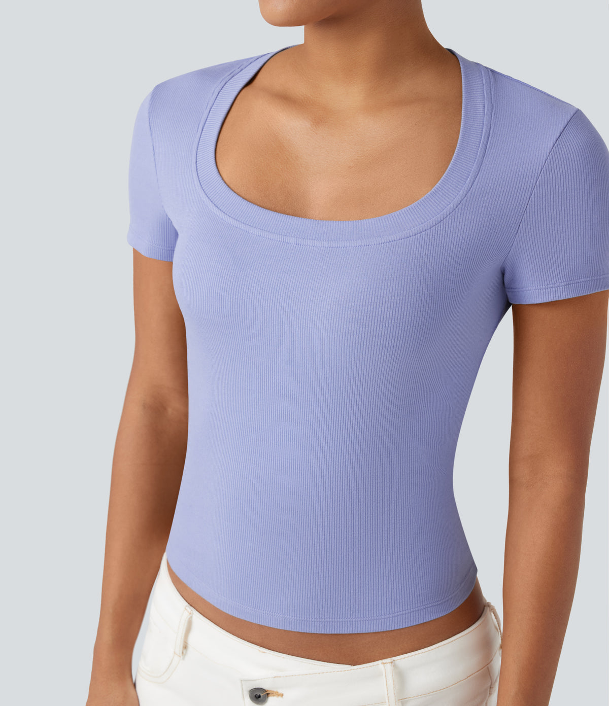 Ribbed Knit Short Sleeve Casual T-Shirt — Baby Lavender — view 1
