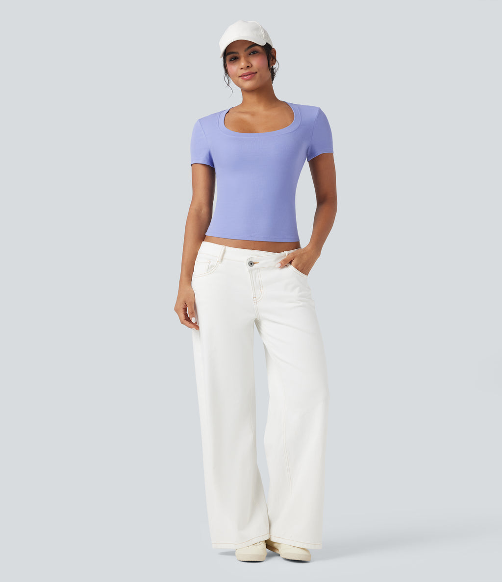 Ribbed Knit Short Sleeve Casual T-Shirt — Baby Lavender — view 5