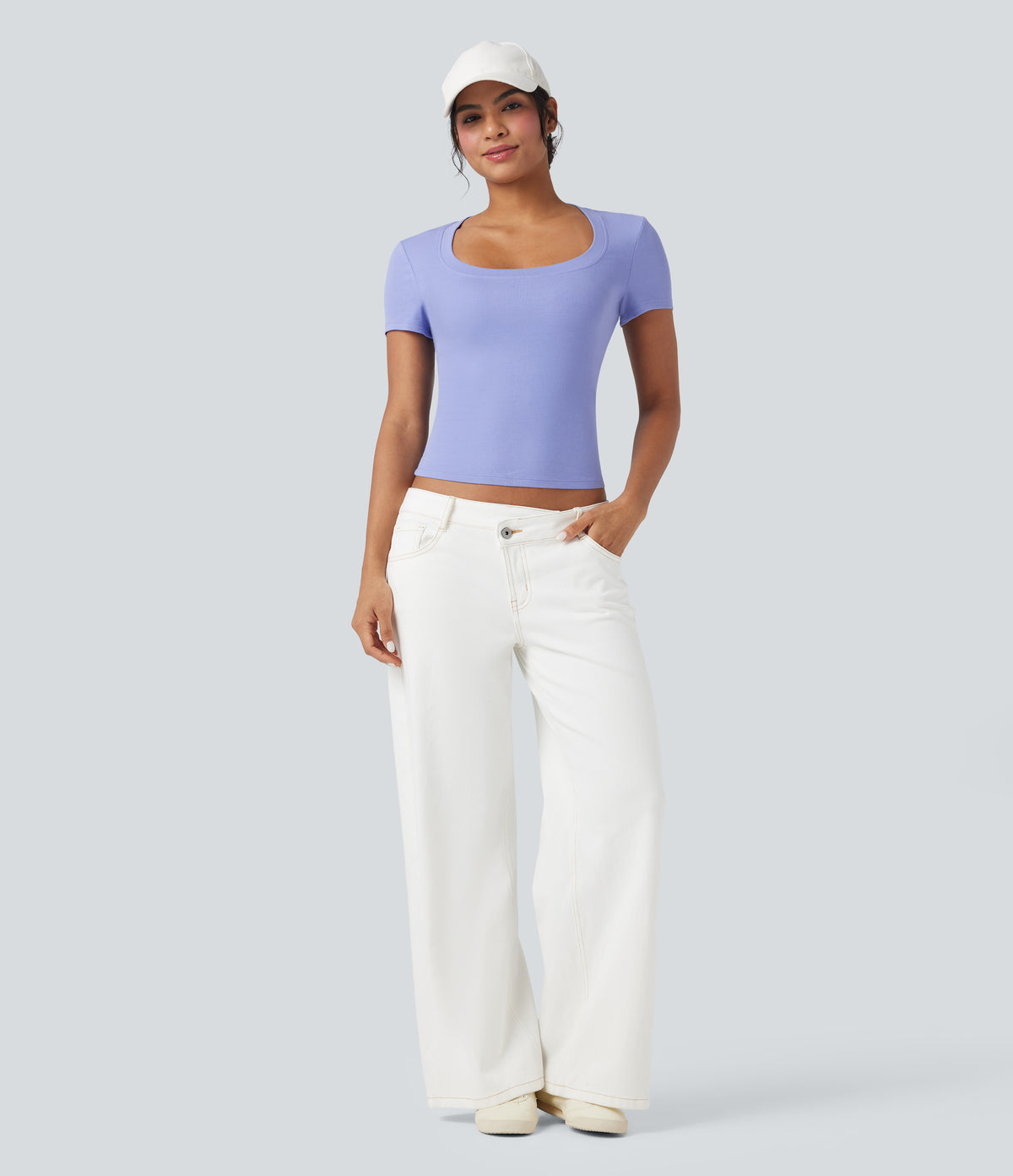 Ribbed Knit Short Sleeve Casual T-Shirt — Baby Lavender — view 5