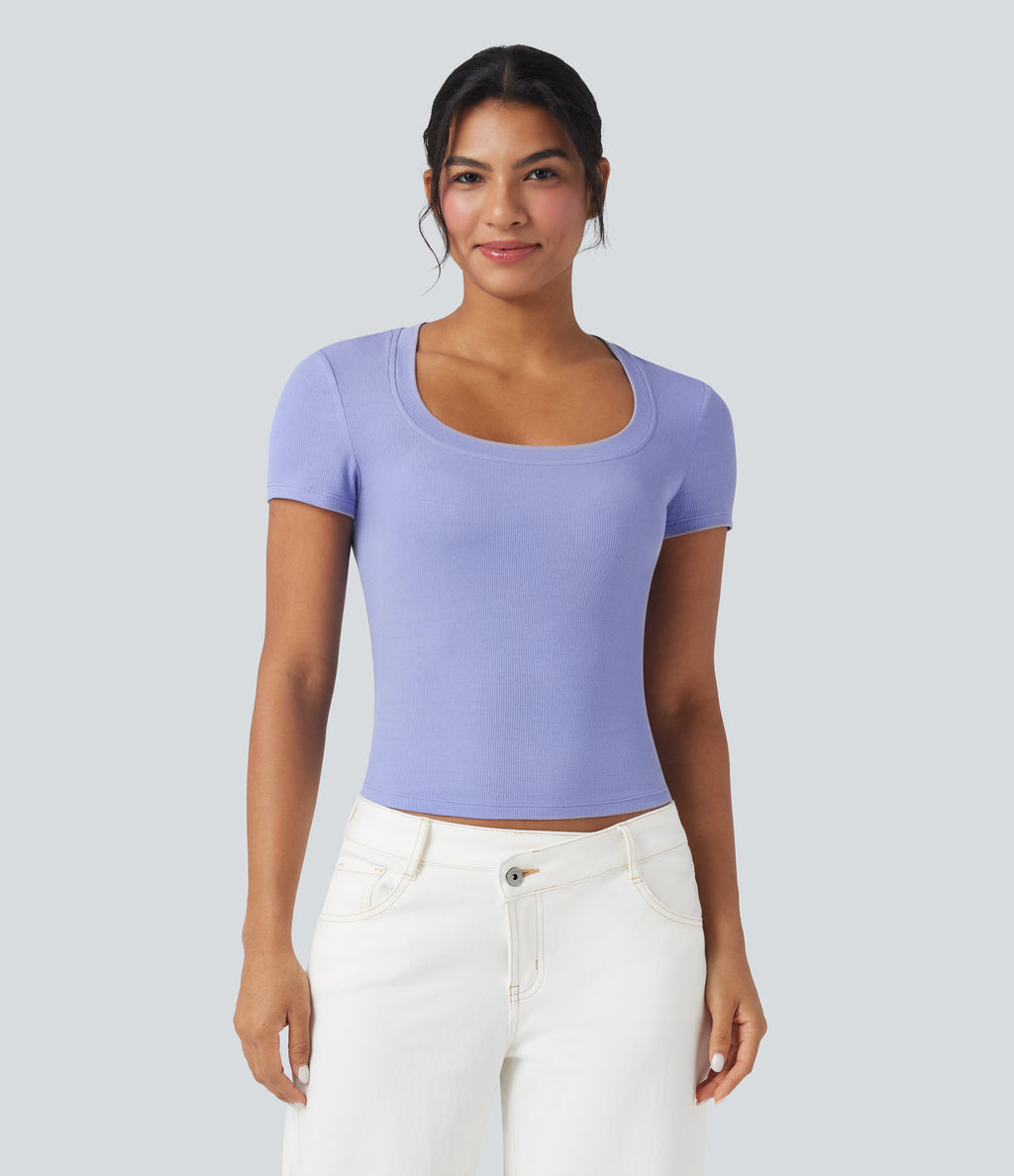 Ribbed Knit Short Sleeve Casual T-Shirt — Baby Lavender — view 3