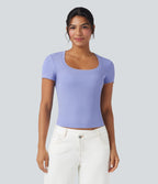 Ribbed Knit Short Sleeve Casual T-Shirt — Baby Lavender — view 3