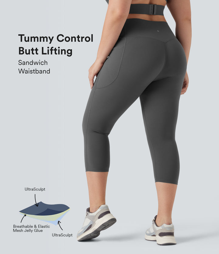 Plus Size High Waisted Butt Lifting Tummy Control Capri Training Leggings with Pockets — Volcanic Ash — view 1