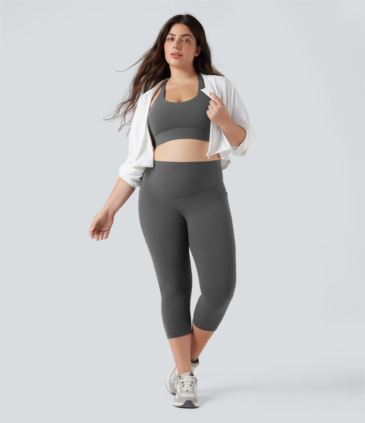 Plus Size High Waisted Butt Lifting Tummy Control Capri Training Leggings with Pockets — Volcanic Ash — view 6