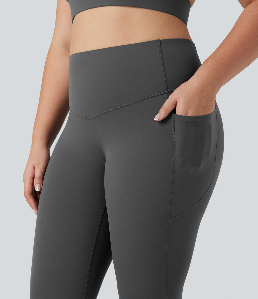 Plus Size High Waisted Butt Lifting Tummy Control Capri Training Leggings with Pockets — Volcanic Ash — view 4