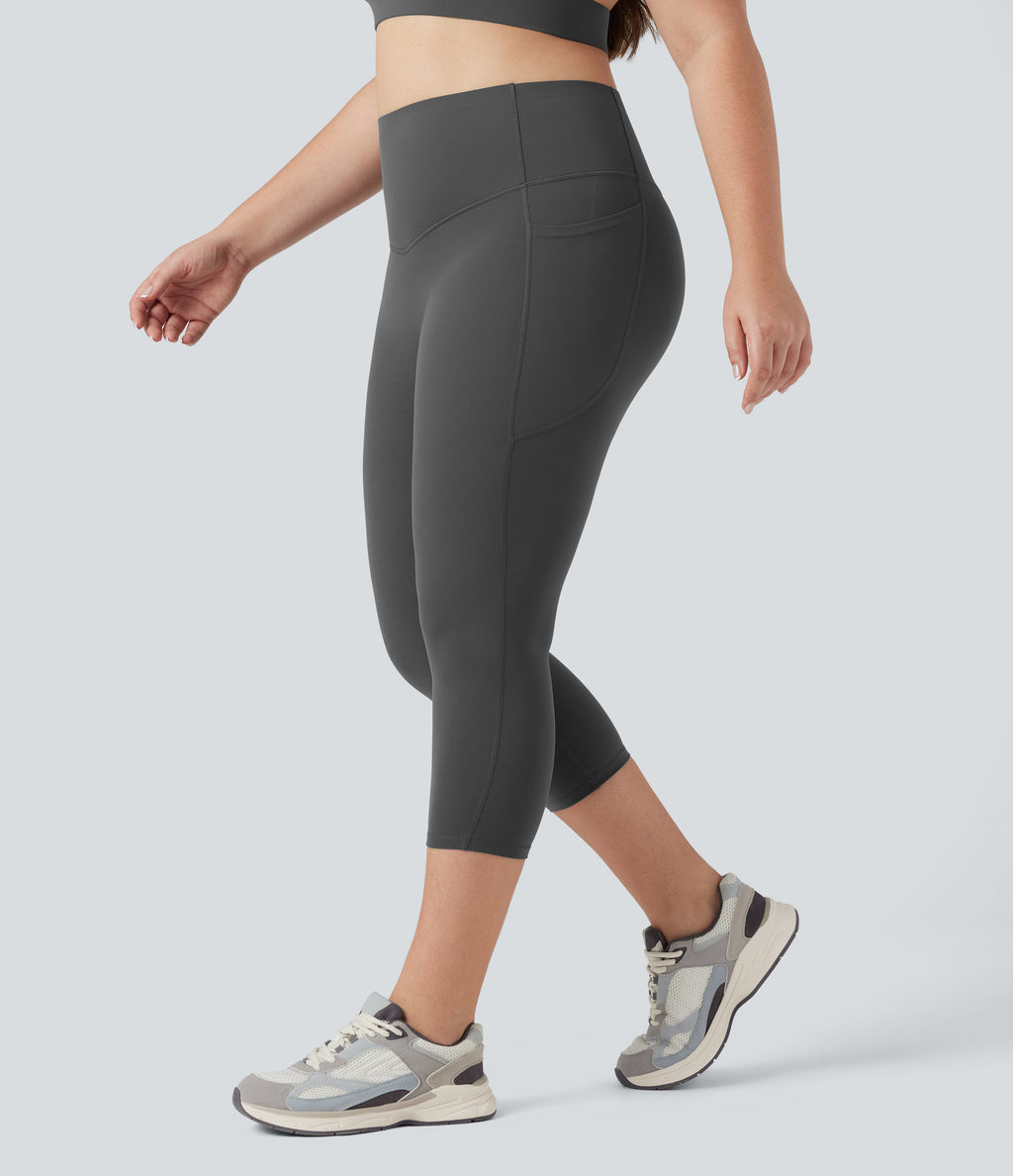 Plus Size High Waisted Butt Lifting Tummy Control Capri Training Leggings with Pockets — Volcanic Ash — view 3
