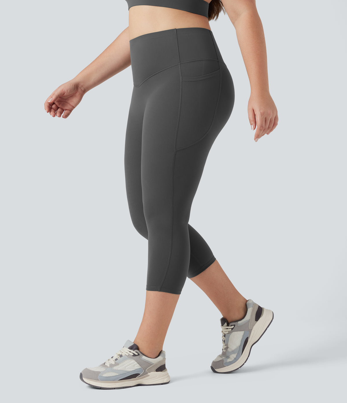 Plus Size High Waisted Butt Lifting Tummy Control Capri Training Leggings with Pockets — Volcanic Ash — view 3