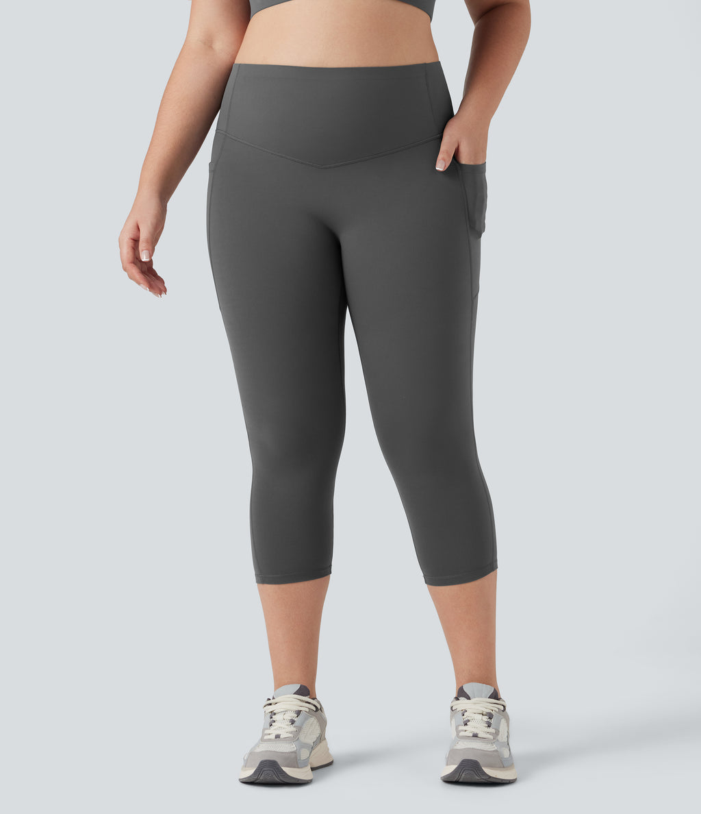 Plus Size High Waisted Butt Lifting Tummy Control Capri Training Leggings with Pockets — Volcanic Ash — view 2