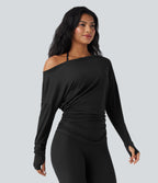 One Shoulder Long Sleeve Thumb Hole Ruched Yoga Sports Top — Black — view 1