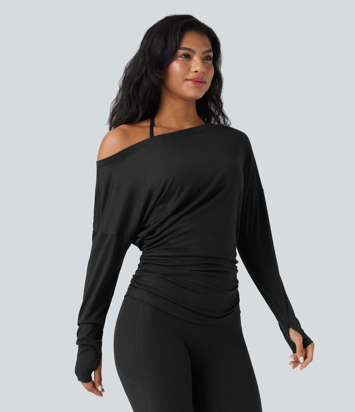 One Shoulder Long Sleeve Thumb Hole Ruched Yoga Sports Top — Black — view 1