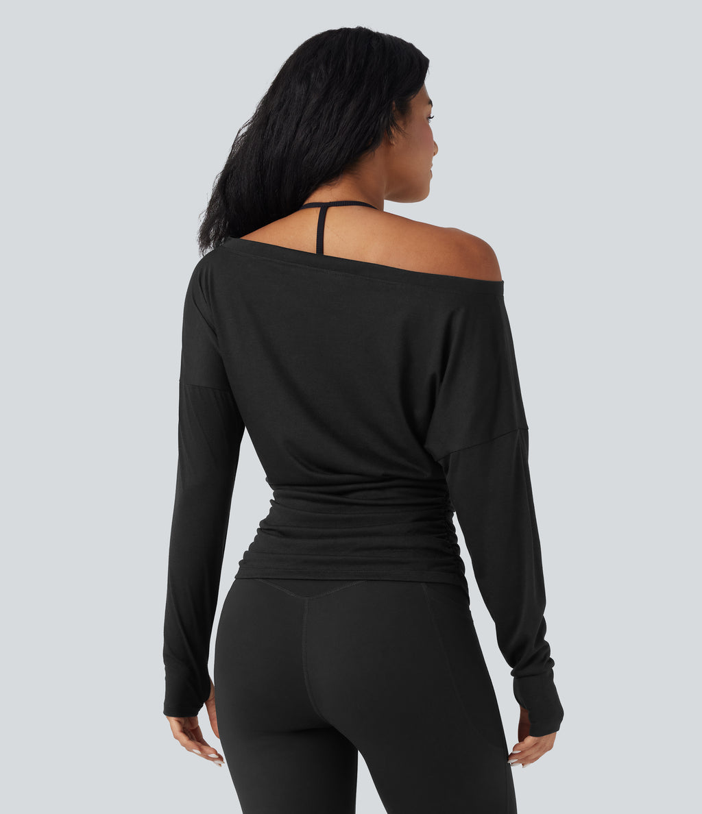 One Shoulder Long Sleeve Thumb Hole Ruched Yoga Sports Top — Black — view 2