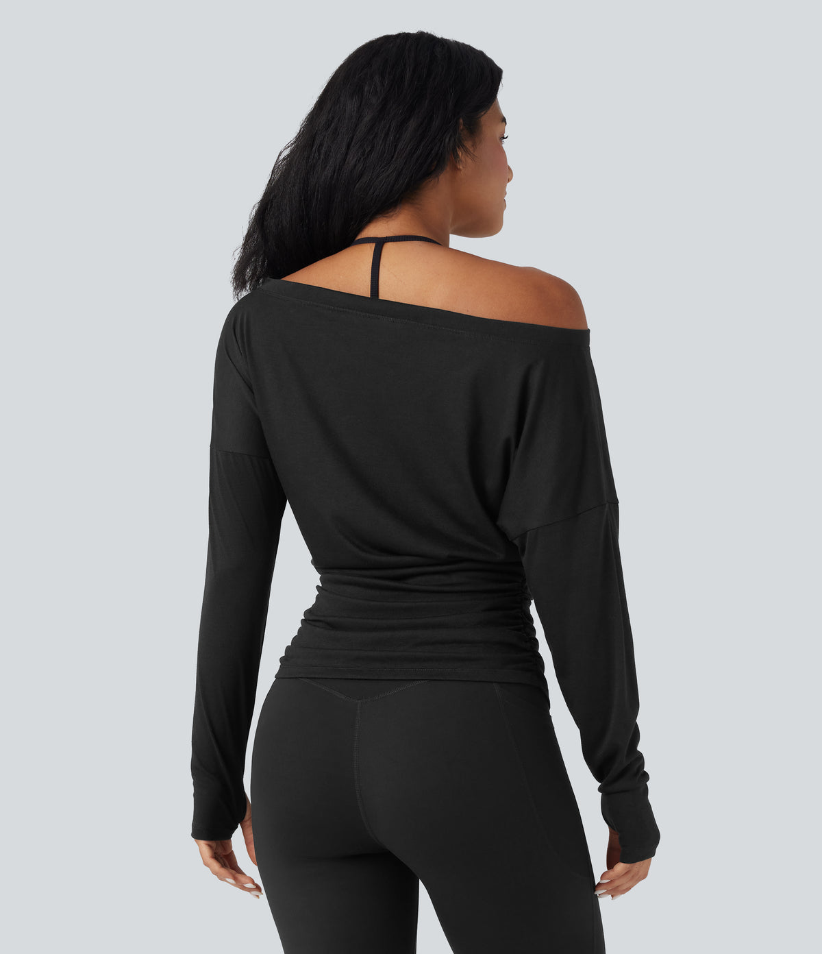 One Shoulder Long Sleeve Thumb Hole Ruched Yoga Sports Top — Black — view 2