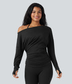 One Shoulder Long Sleeve Thumb Hole Ruched Yoga Sports Top — Black — view 3