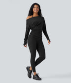 One Shoulder Long Sleeve Thumb Hole Ruched Yoga Sports Top — Black — view 5