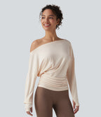 One Shoulder Long Sleeve Thumb Hole Ruched Yoga Sports Top — Whisper White — view 6
