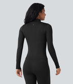 OneForm Seamless Flow Stand Collar Long Sleeve Thumb Hole Yoga Jacket — Black — view 3