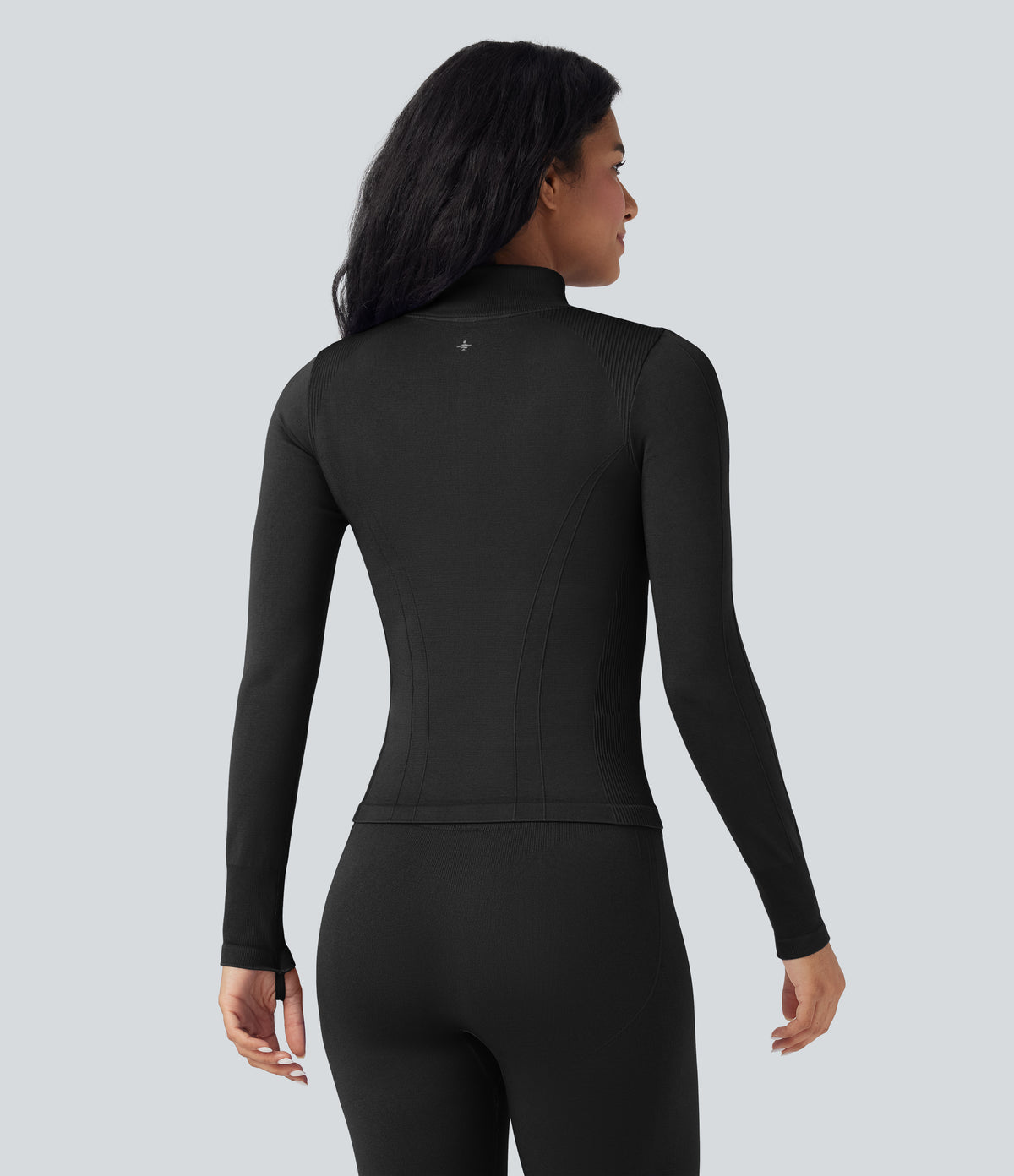 OneForm Seamless Flow Stand Collar Long Sleeve Thumb Hole Yoga Jacket — Black — view 3