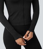 OneForm Seamless Flow Stand Collar Long Sleeve Thumb Hole Yoga Jacket — Black — view 6