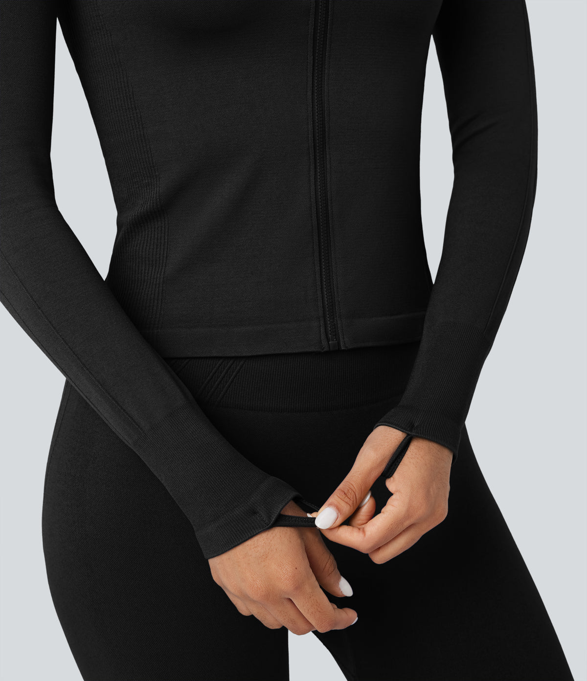 OneForm Seamless Flow Stand Collar Long Sleeve Thumb Hole Yoga Jacket — Black — view 6