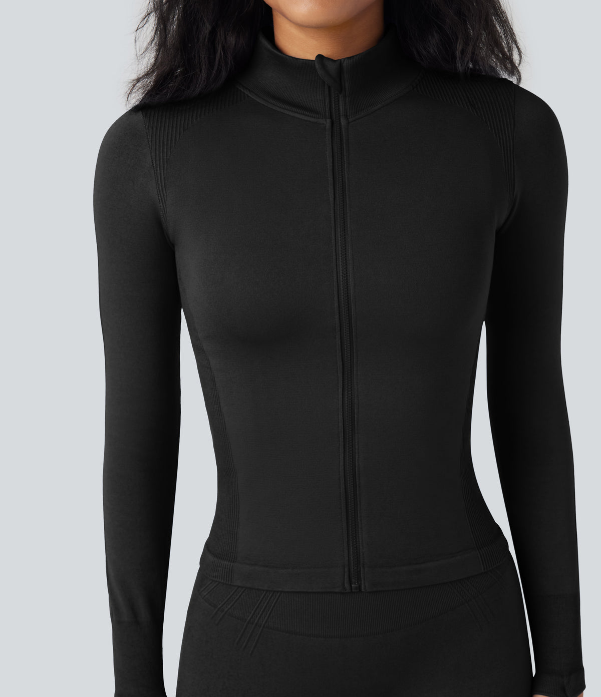 OneForm Seamless Flow Stand Collar Long Sleeve Thumb Hole Yoga Jacket — Black — view 5