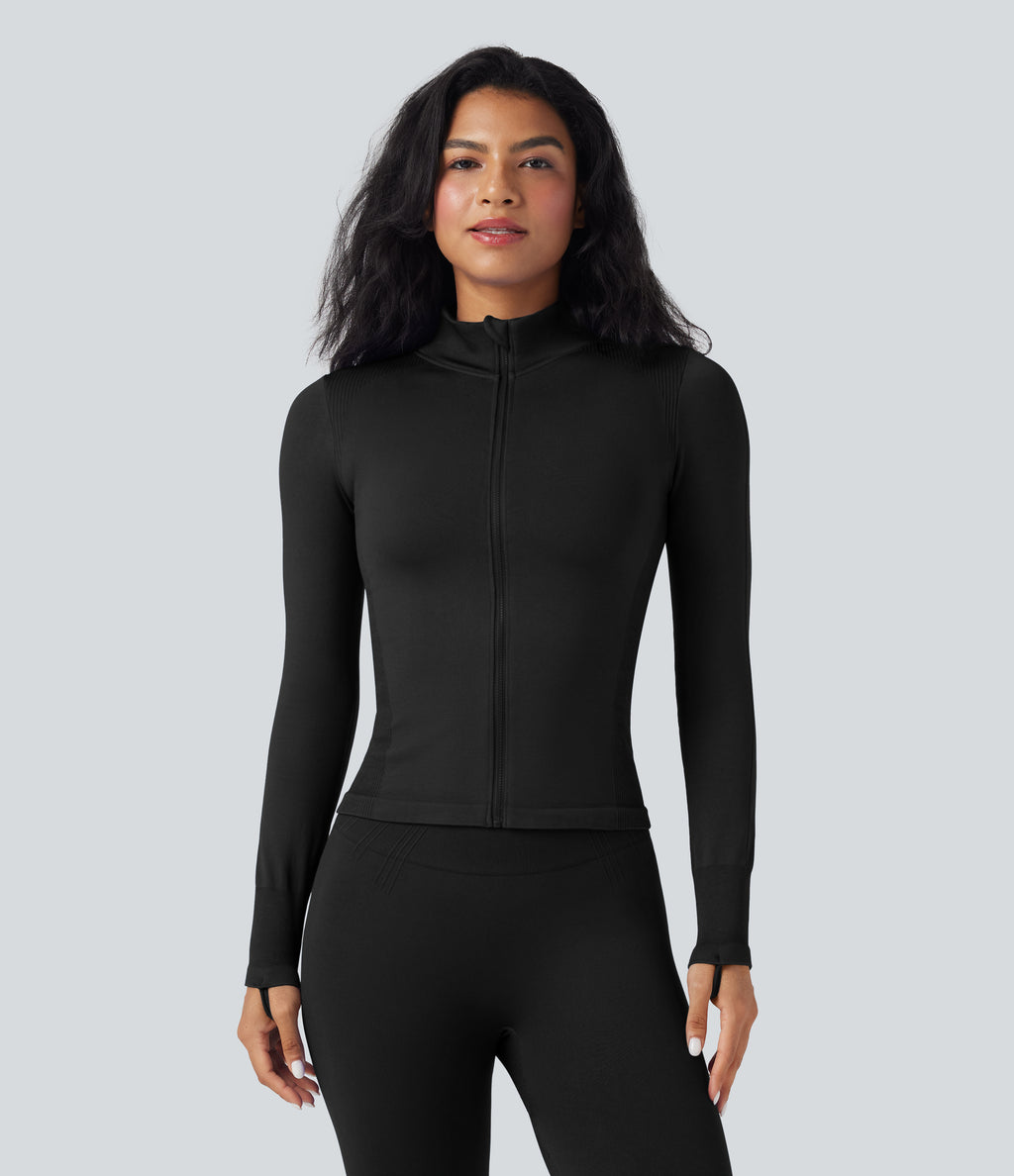 OneForm Seamless Flow Stand Collar Long Sleeve Thumb Hole Yoga Jacket — Black — view 2