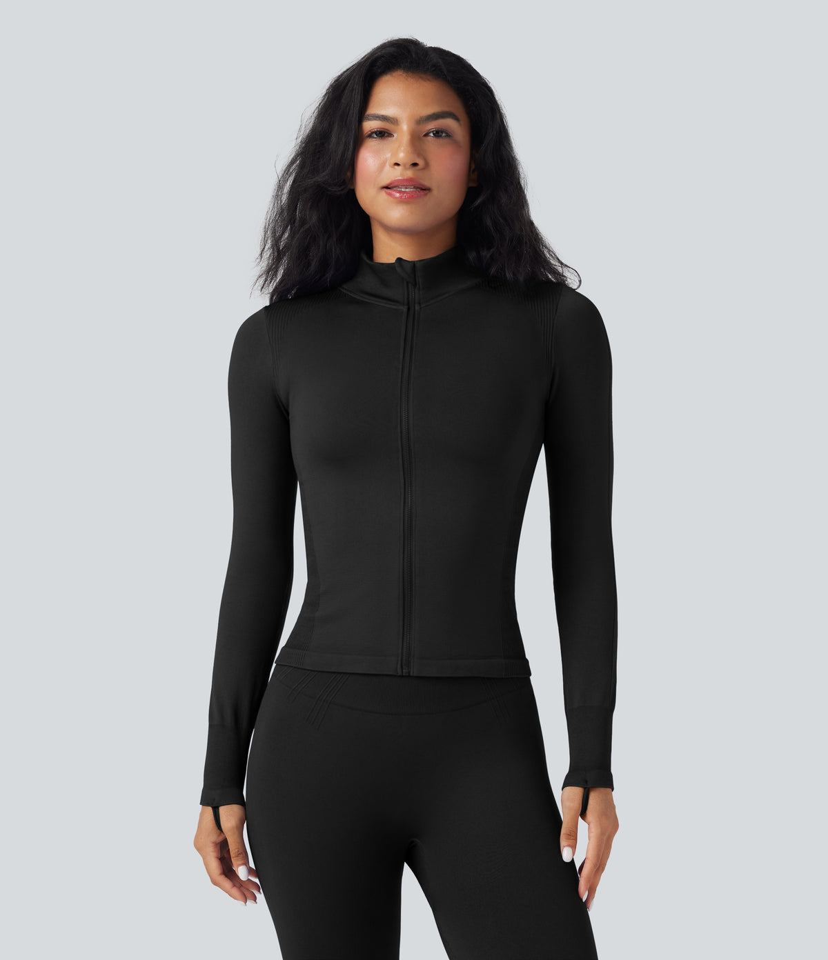OneForm Seamless Flow Stand Collar Long Sleeve Thumb Hole Yoga Jacket — Black — view 2